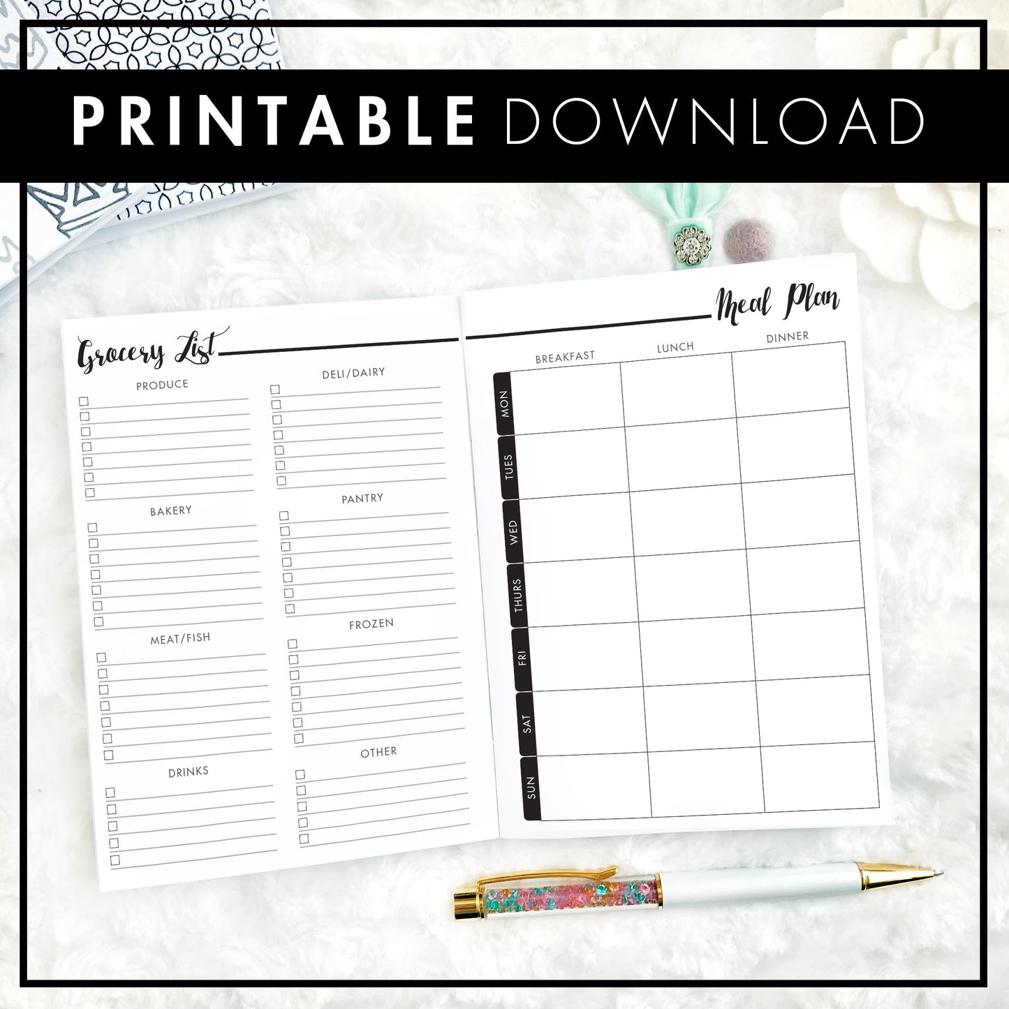 Weekly Meal Planner & Grocery List | Printable